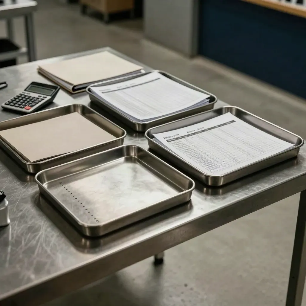 Area audit in una PMI con vaschette modulari, calcolatrice e raccoglitori ordinati su banco pulito.