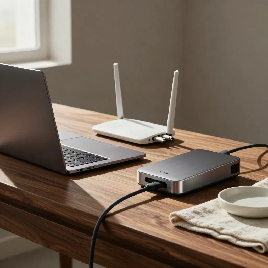 Postazione digitale con laptop chiuso, router, cavi ordinati e POS spento su legno caldo.