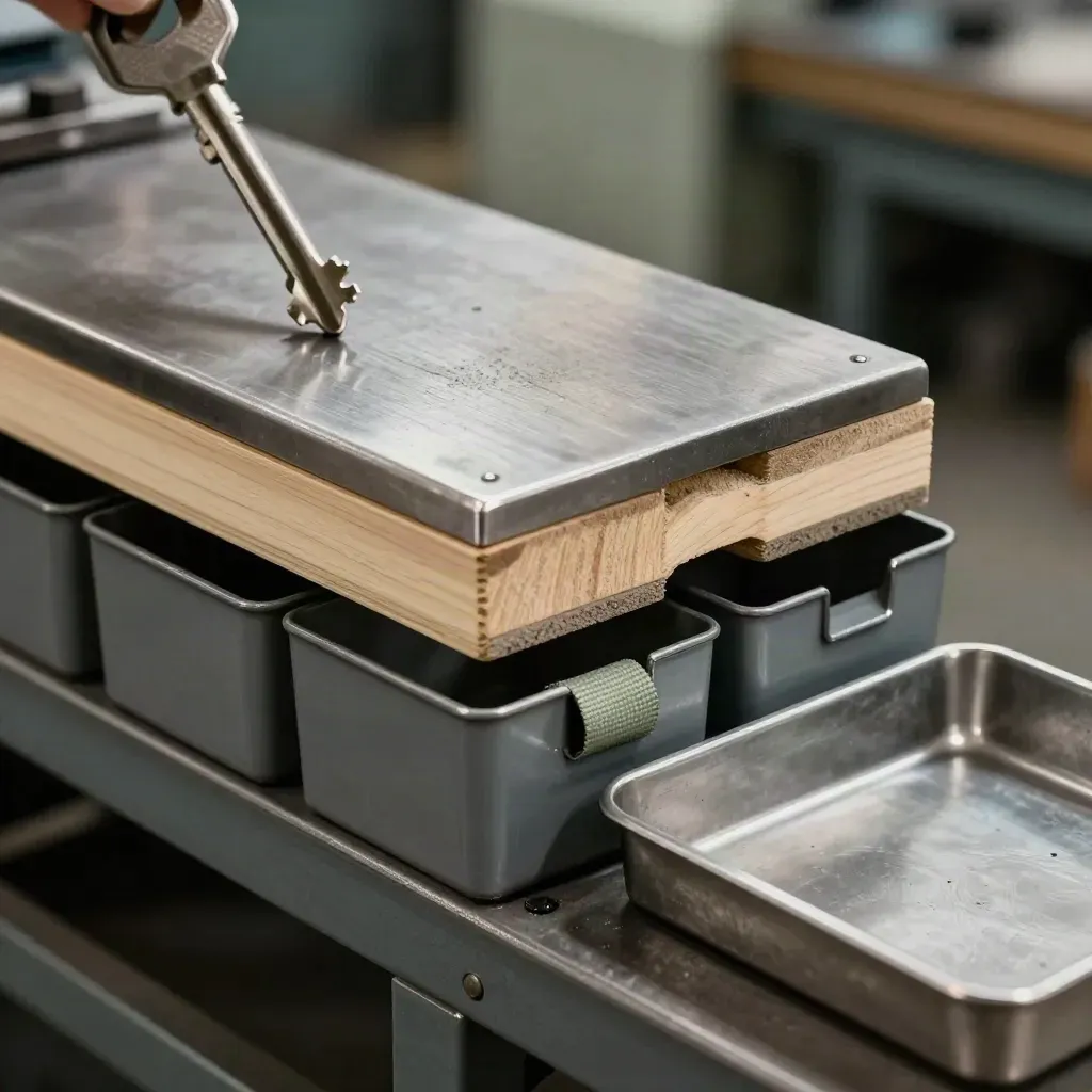 Officina metalmeccanica ordinata con pallet, cassette neutre e macchina in funzione.