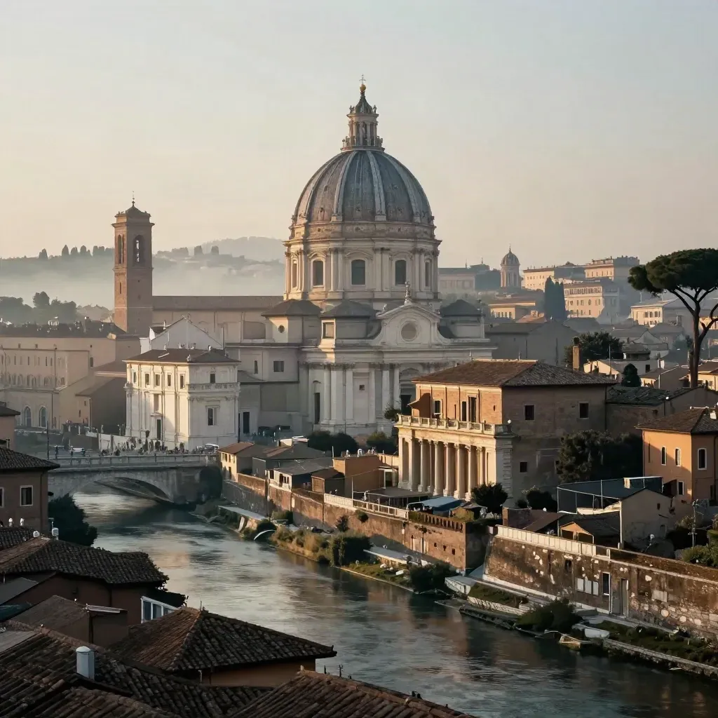 Roma antica nella foschia con cupola lontana, tetti in terracotta e Tevere calmo