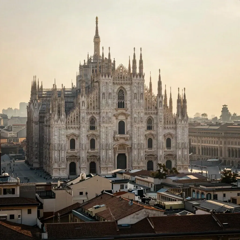 Skyline di Milano al tramonto con il Duomo in alto e la città sfumata sotto